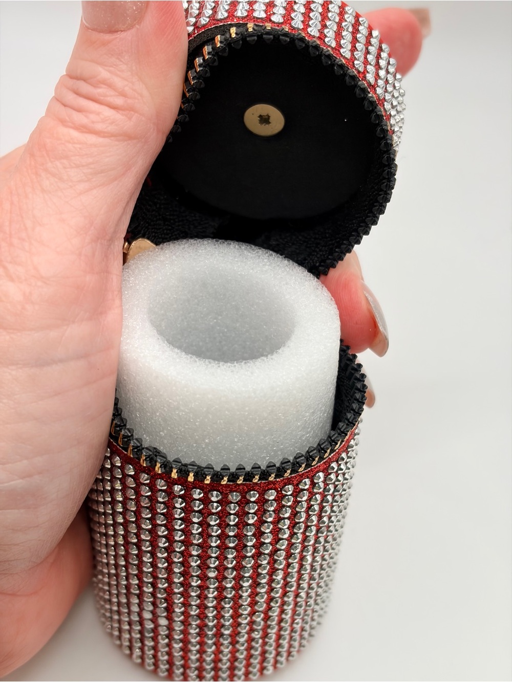 Red Rhinestone Studded Keychain Cylinder Pouch - Picture 5 of 6
